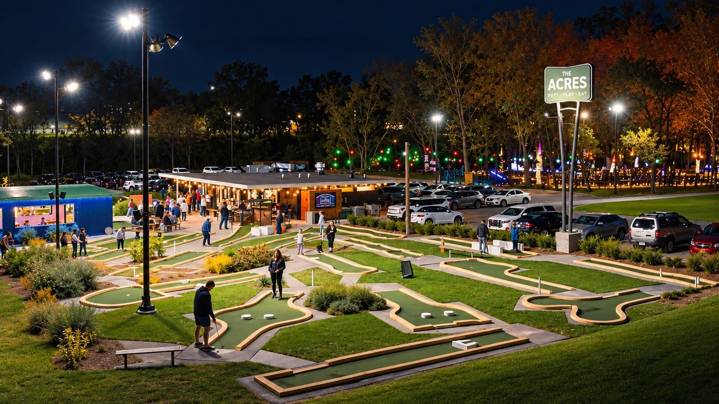 Both Acres mini golf courses at night from above, with the restaurant + bar lit up and the woods of Acres Aglow glowing beyond