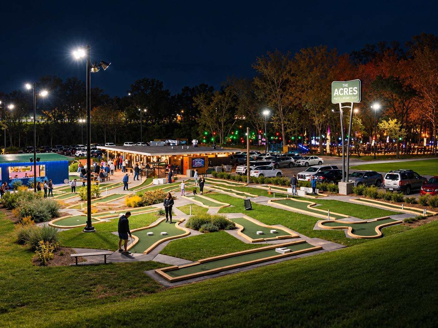 Both Acres mini golf courses at night from above, with the restaurant + bar lit up and the woods of Acres Aglow glowing beyond