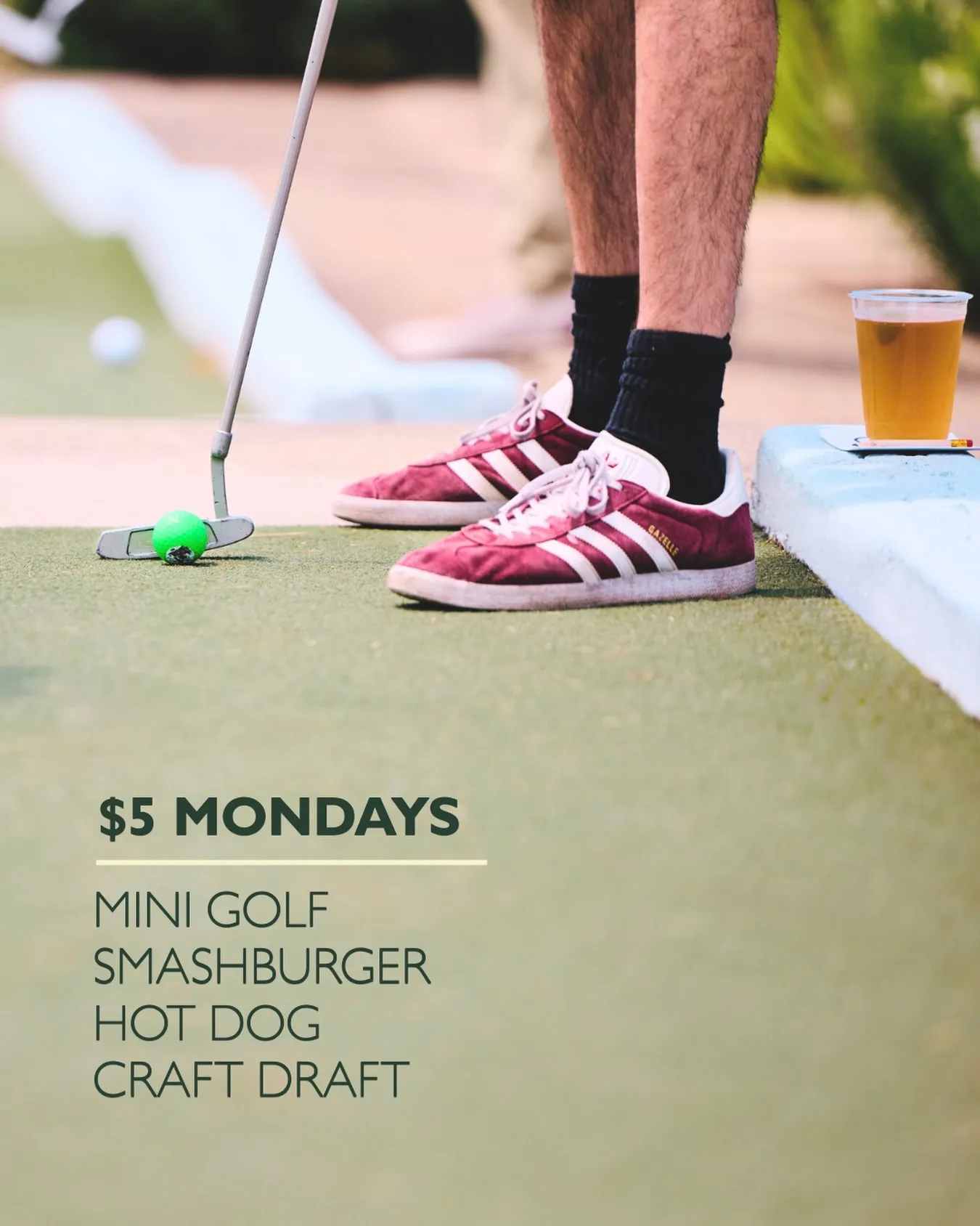 The Acres building exterior with the $5 Mondays mini golf sign